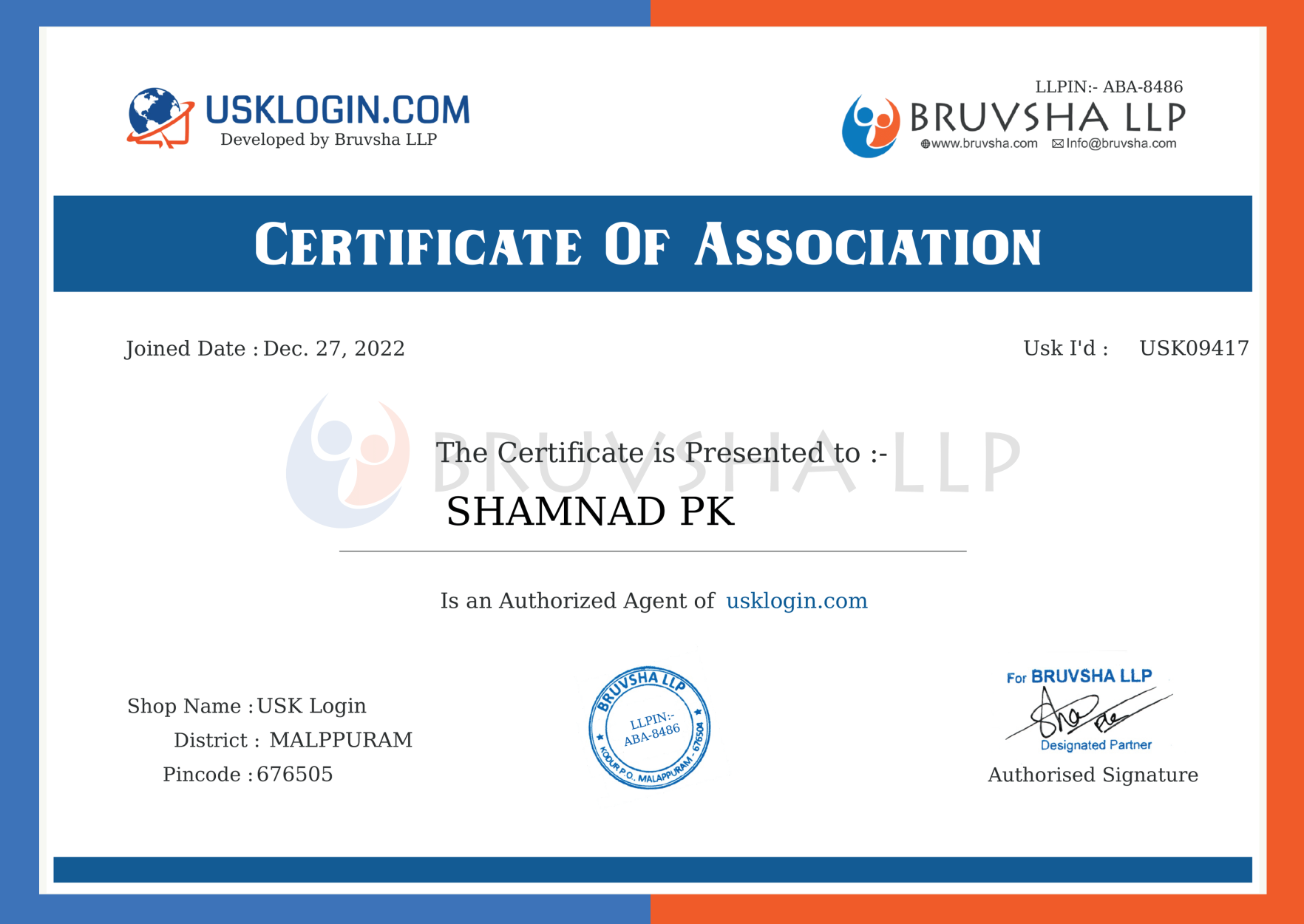 USK Login Certificate bruvsha kerala LLP